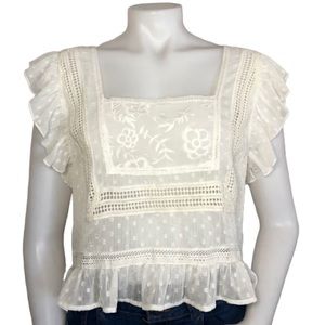 NWT Cream Lace Embroidered Ruffled Top